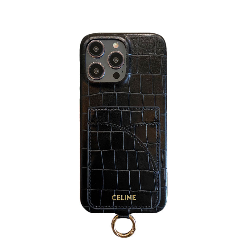 Pouzdro na iPhone Alligator Print Celine s držákem karty a popruhem hnědé -EYP241415