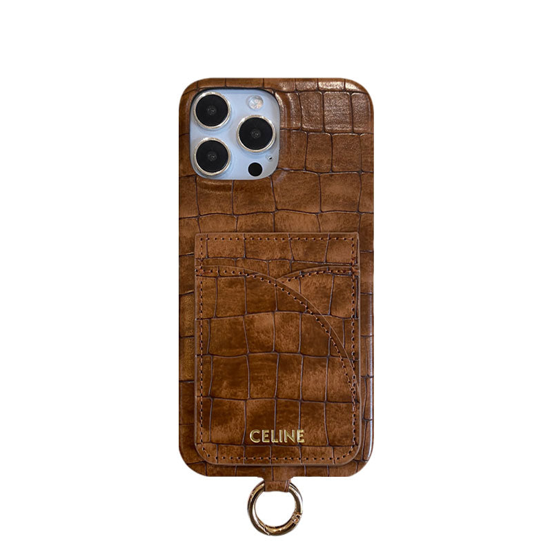 Pouzdro na iPhone Alligator Print Celine s držákem karty a popruhem hnědé -EYP241415