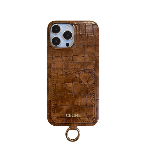 Celine iPhone-Hülle mit Alligatormuster, Kartenhalter und Riemen, Grün -EYP241415