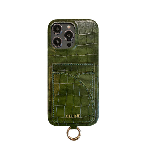 Pouzdro na iPhone Alligator Print Celine s držákem karty a popruhem hnědé -EYP241415