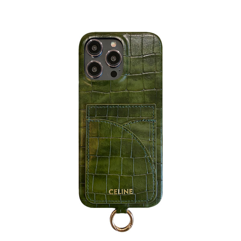 Celine iPhone-Hülle mit Alligatormuster, Kartenhalter und Riemen, Grün -EYP241415