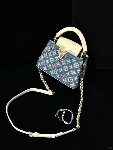 Mini borsa Capucines decorata in denim di lusso