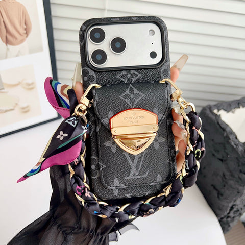 Custodia per iPhone a tracolla di lusso con tasca per carte e tracolla staccabile