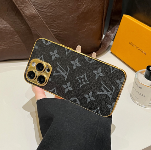 Custodia per iPhone monogramma classica di lusso con bordi placcati in oro