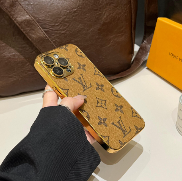 Custodia per iPhone monogramma classica di lusso con bordi placcati in oro
