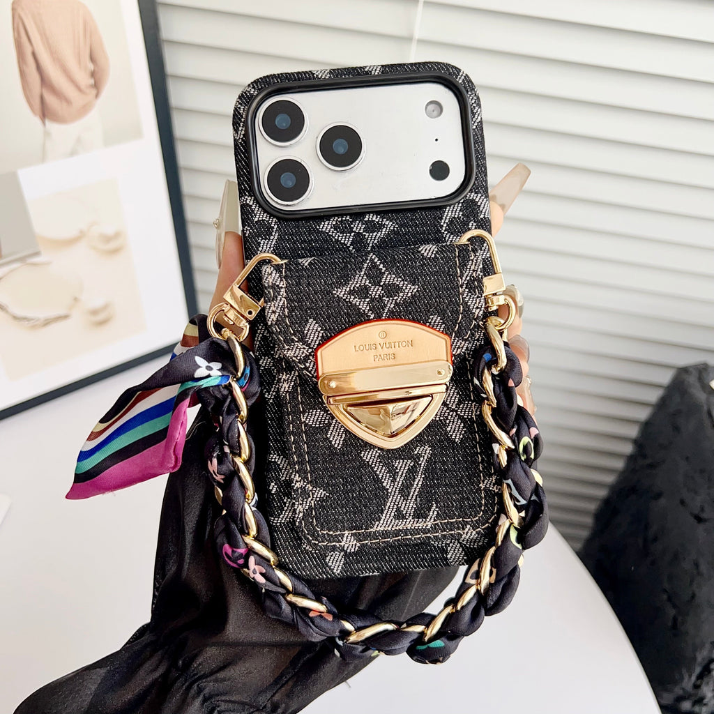 Custodia per iPhone a tracolla di lusso con tasca per carte e tracolla staccabile