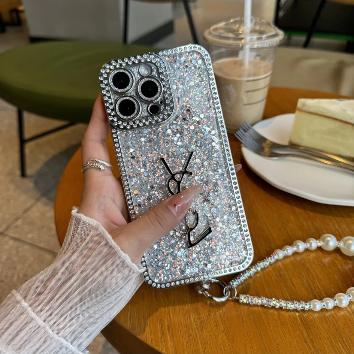 Custodia per iPhone di lusso glitterata olografica ispirata a Y - S - L - Edizione Diamond Shine