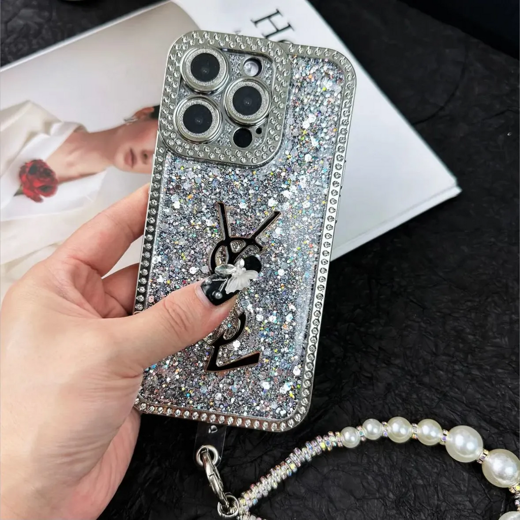 Custodia per iPhone di lusso glitterata olografica ispirata a Y - S - L - Edizione Diamond Shine