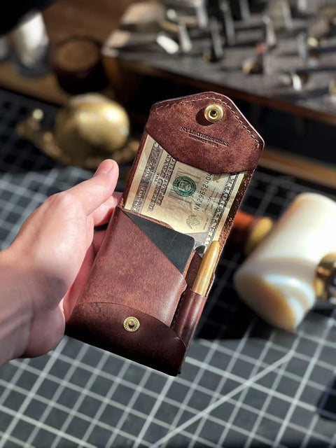 Portafoglio sottile in pelle con slot per penna - Portafoglio EDC pieno fiore realizzato a mano