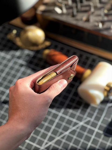 Portafoglio sottile in pelle con slot per penna - Portafoglio EDC pieno fiore realizzato a mano