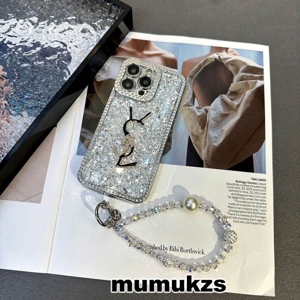 Custodia per iPhone di lusso glitterata olografica ispirata a Y - S - L - Edizione Diamond Shine