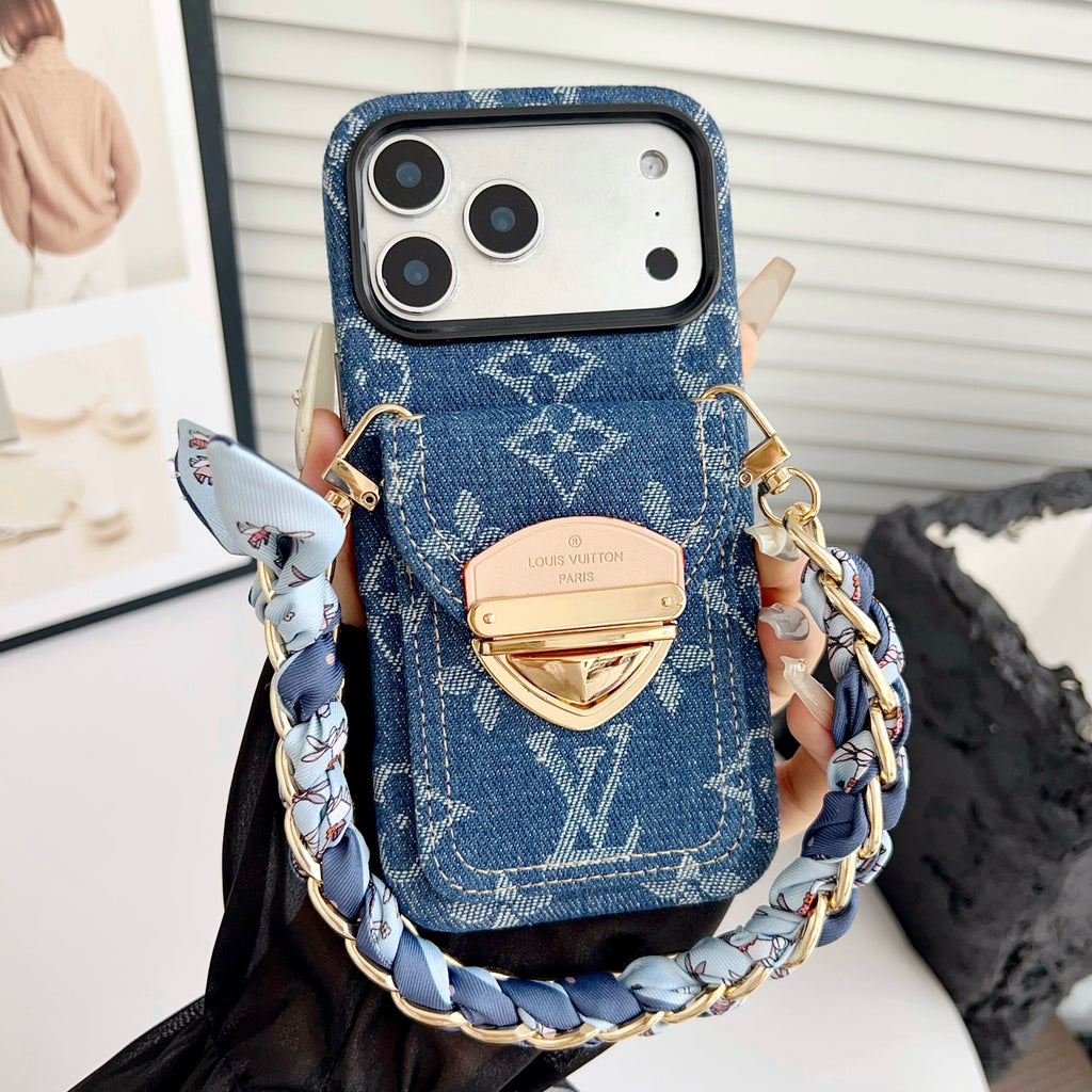 Custodia per iPhone a tracolla di lusso con tasca per carte e tracolla staccabile
