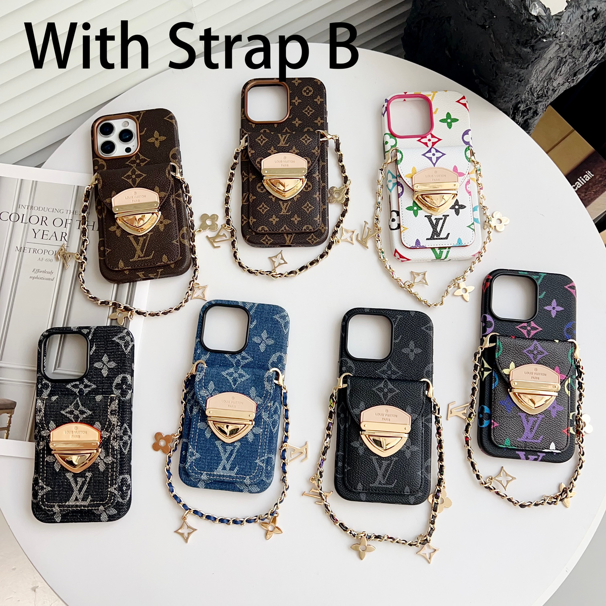Custodia per iPhone a tracolla di lusso con tasca per carte e tracolla staccabile