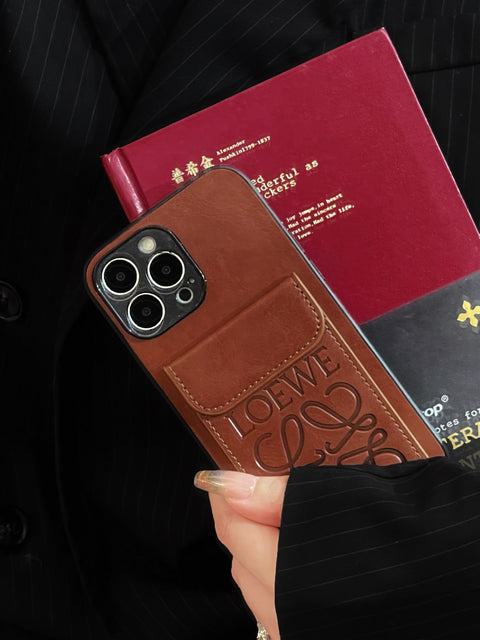 Capa luxuosa para iPhone com porta-cartões marrom-LZP241448