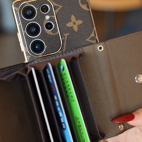 Capa de couro premium para Samsung com suporte para cartão e pulseira
