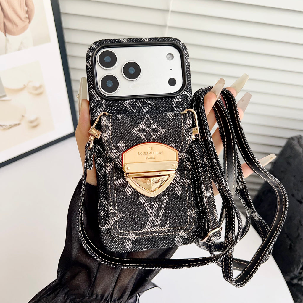 Custodia per iPhone a tracolla di lusso con tasca per carte e tracolla staccabile