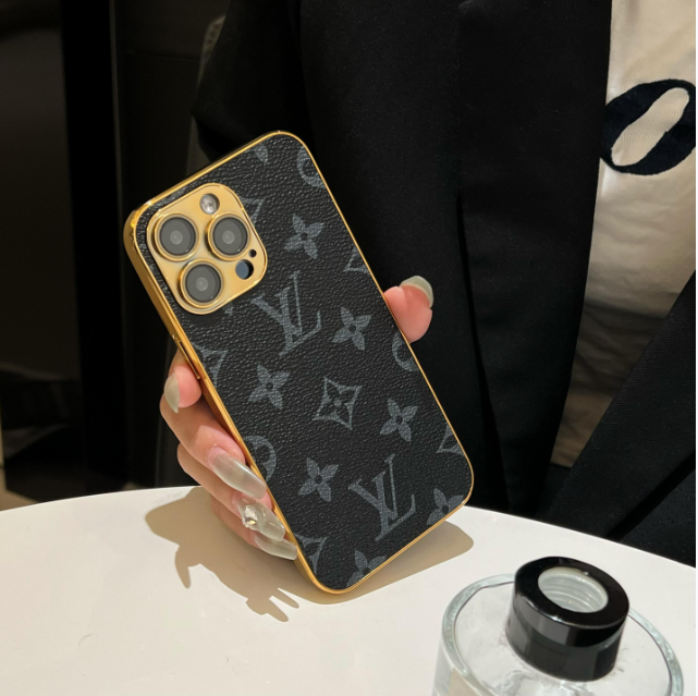 Custodia per iPhone monogramma classica di lusso con bordi placcati in oro