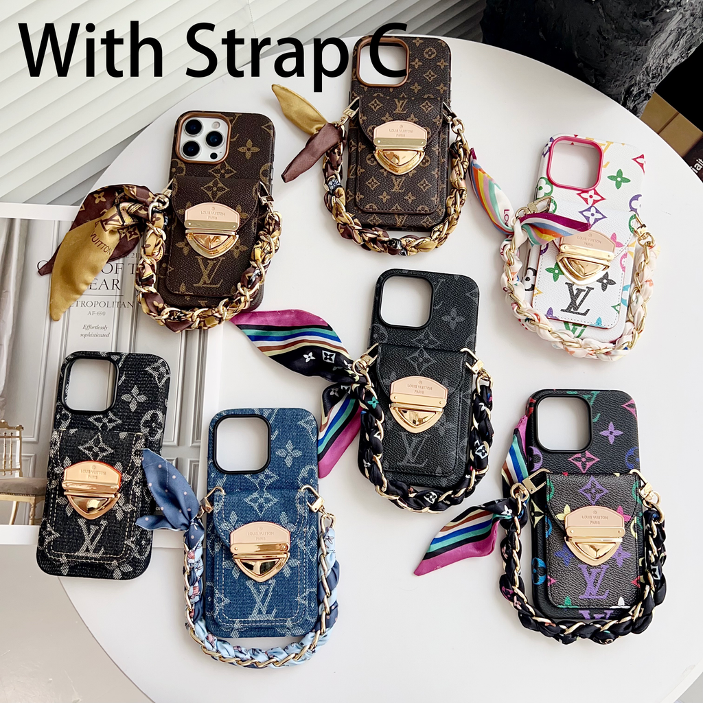 Custodia per iPhone a tracolla di lusso con tasca per carte e tracolla staccabile