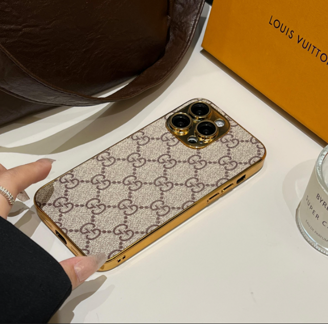 Custodia per iPhone monogramma classica di lusso con bordi placcati in oro