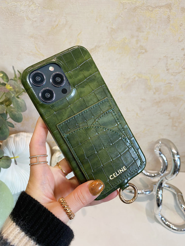 Pouzdro na iPhone Alligator Print Celine s držákem karty a popruhem zelené -EYP241415