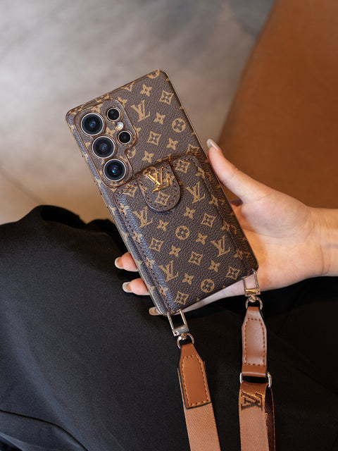 Luxusní kožené multifunkční pouzdro na telefon Monogram s poutkem na zápěstí