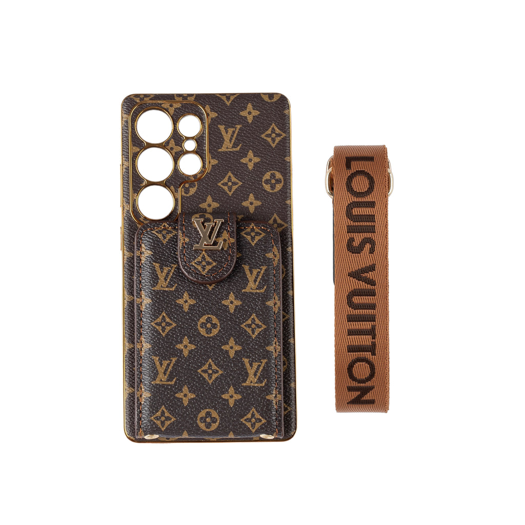 Luxusní kožené multifunkční pouzdro na telefon Monogram s poutkem na zápěstí