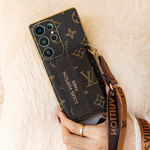 Capa de couro premium para Samsung com suporte para cartão e pulseira
