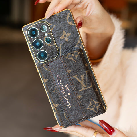 Capa de couro premium para Samsung com suporte para cartão e pulseira