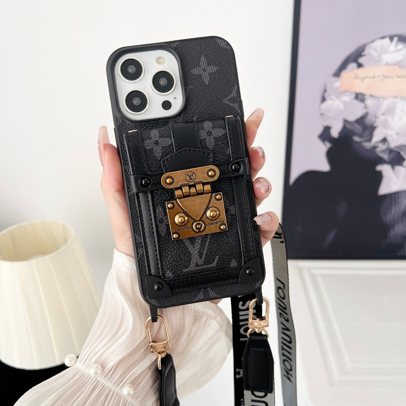 Luxuriöse schwarz-weiße iPhone-Hülle zum Umhängen mit Kette