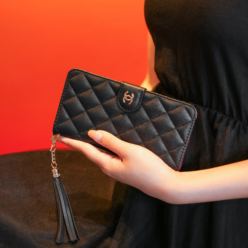 Luxury Quilted Leather Phone Wallet Case with Tassel Charm