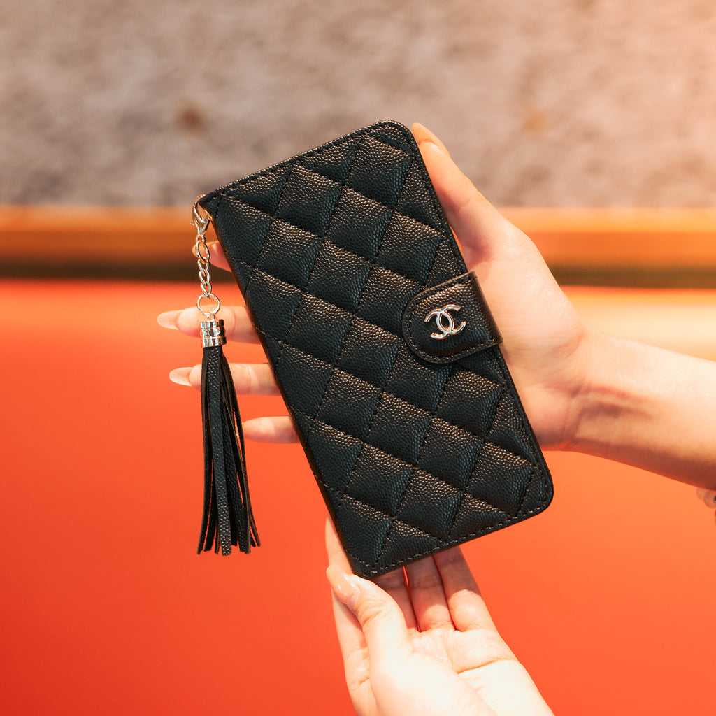 Luxury Quilted Leather Phone Wallet Case with Tassel Charm