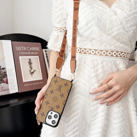 Capa luxuosa marrom crossbody para iPhone
