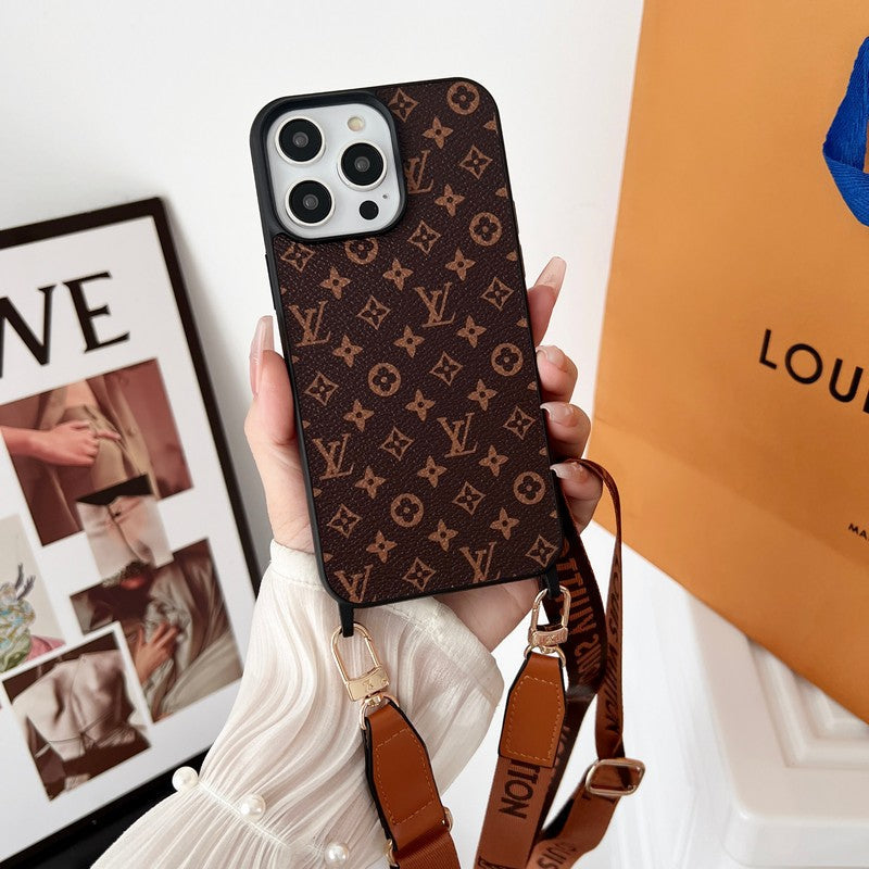 Capa luxuosa marrom crossbody para iPhone