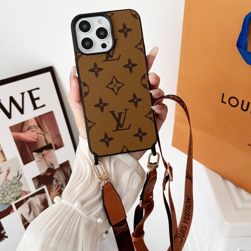 Capa luxuosa marrom crossbody para iPhone