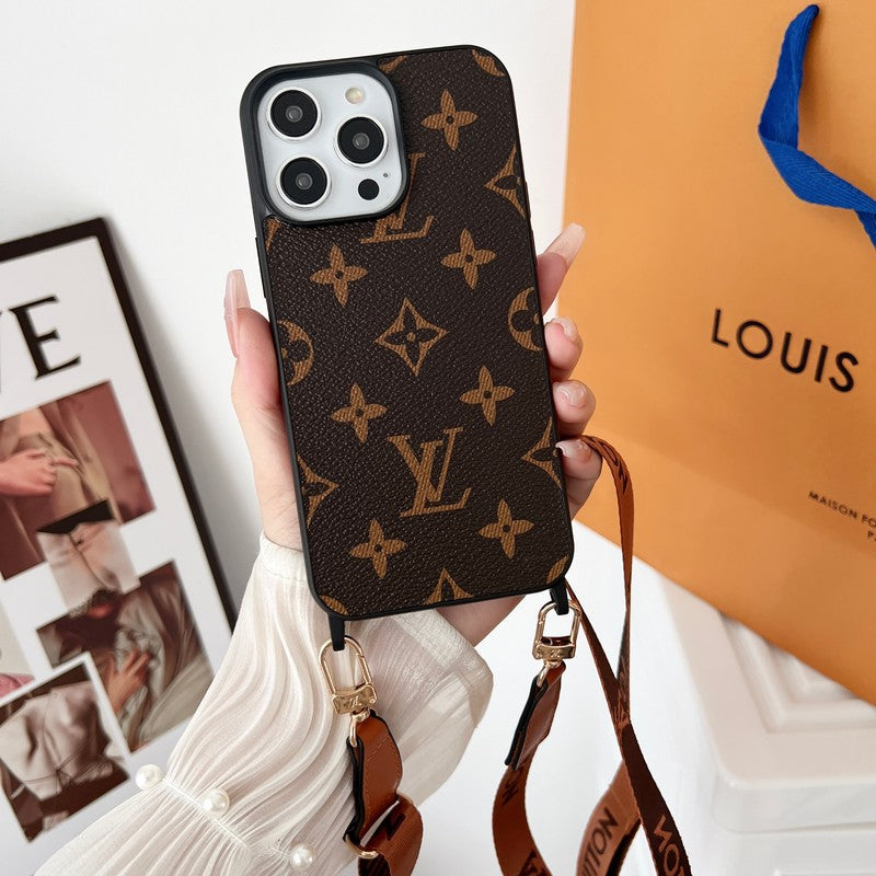 Capa luxuosa marrom crossbody para iPhone