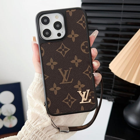 Custodia per iPhone classica di lusso con catena marrone a mano