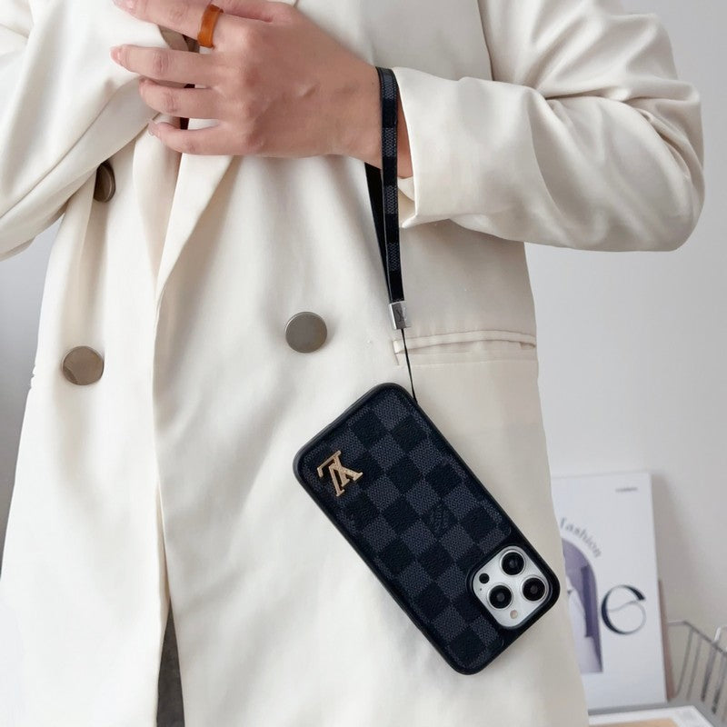 Custodia per iPhone classica di lusso con catena marrone a mano