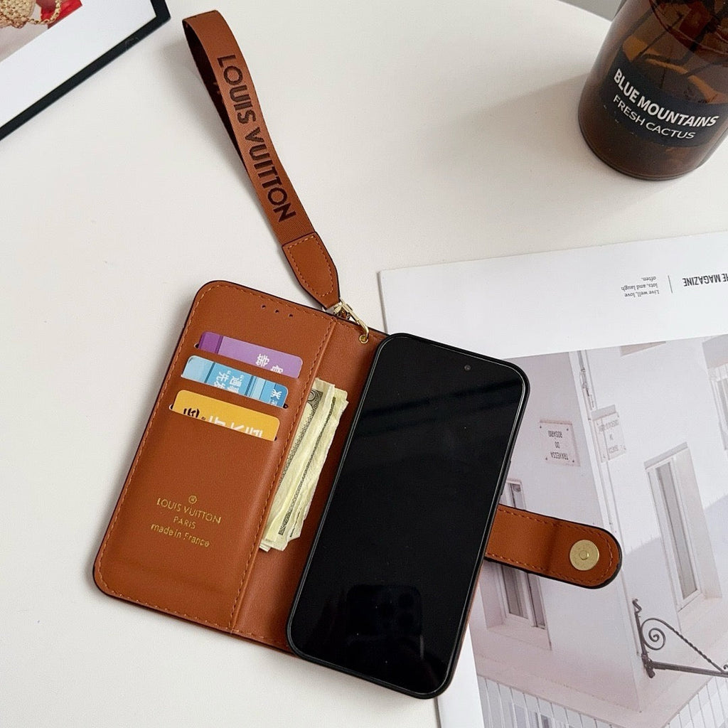Husă portofel pentru iPhone de lux cu model de lux, cu suport de card și curea