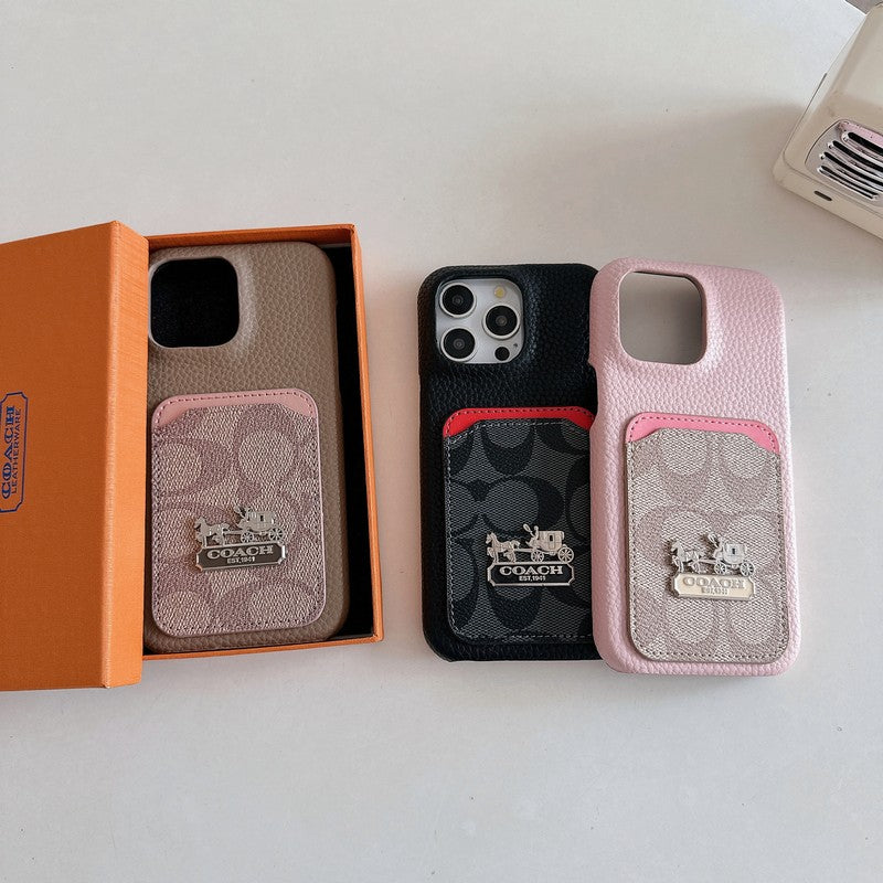 Capa de couro para iPhone com bolsa de cartão clássica