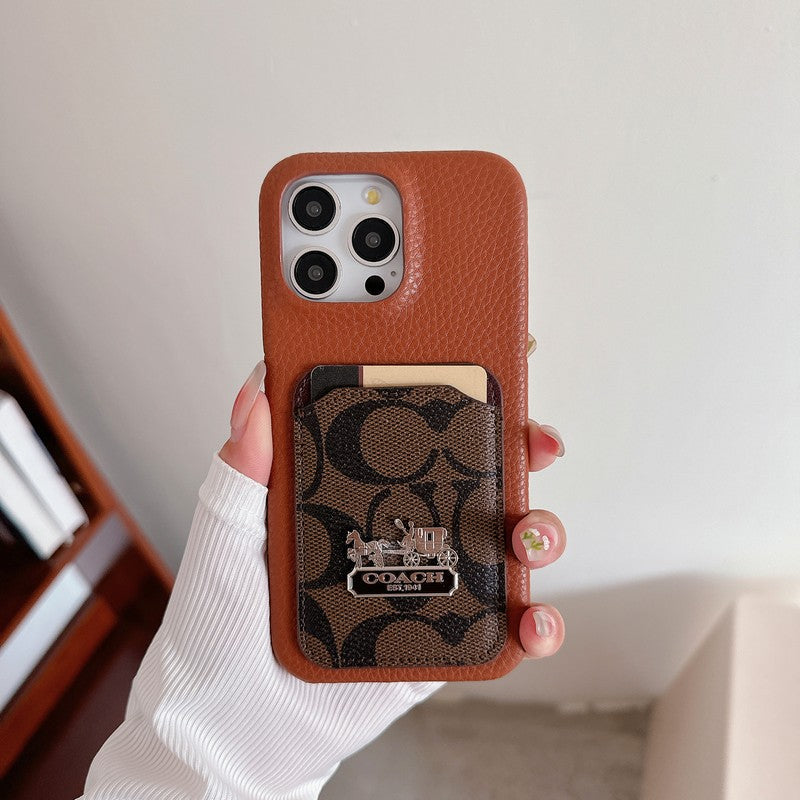 Capa de couro para iPhone com bolsa de cartão clássica