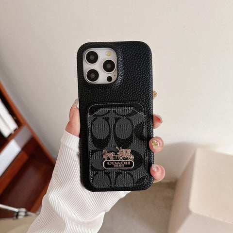 Capa de couro para iPhone com bolsa de cartão clássica