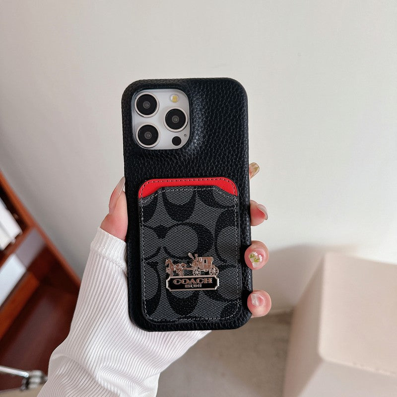 Capa de couro para iPhone com bolsa de cartão clássica