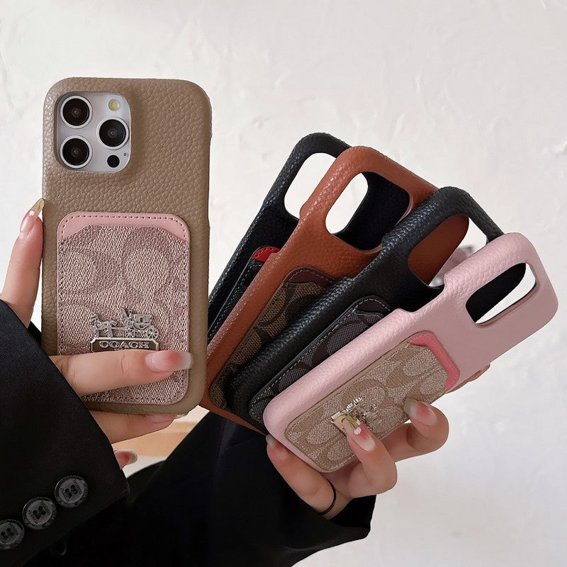 Capa de couro para iPhone com bolsa de cartão clássica
