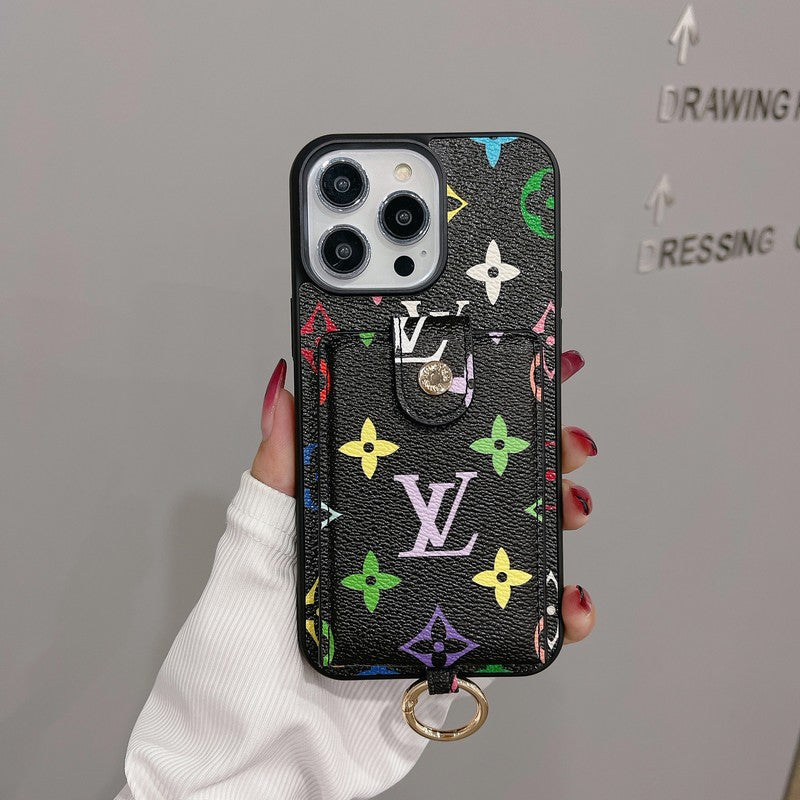 Capa para iPhone de cor clássica com bolsa de cartão luxuosa