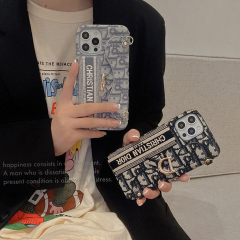 Modische iPhone-Hülle aus schwarzem und grauem Stoff mit Karte zum Umhängen