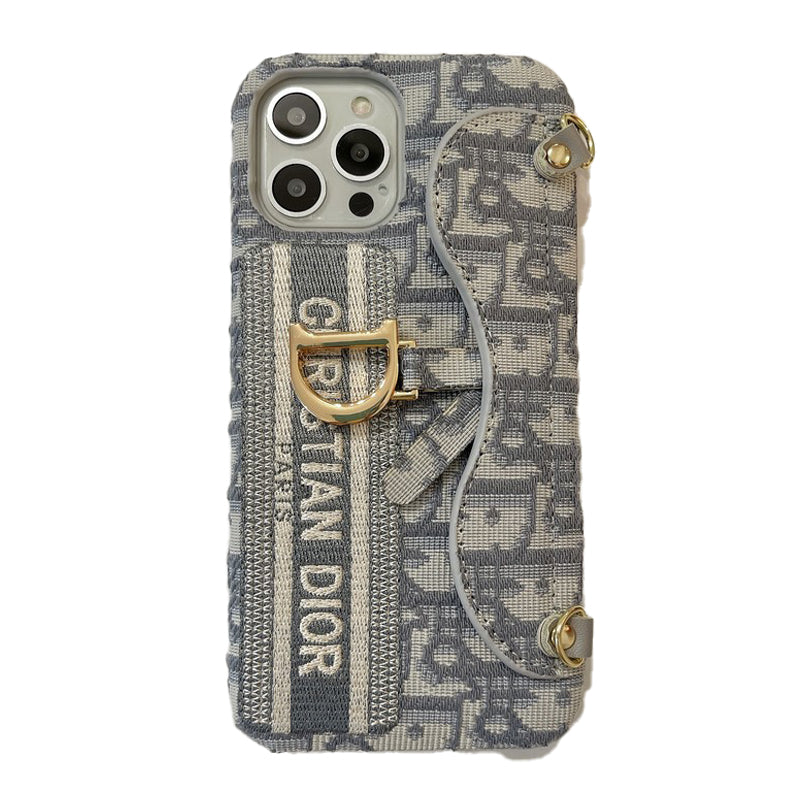 Modische iPhone-Hülle aus schwarzem und grauem Stoff mit Karte zum Umhängen