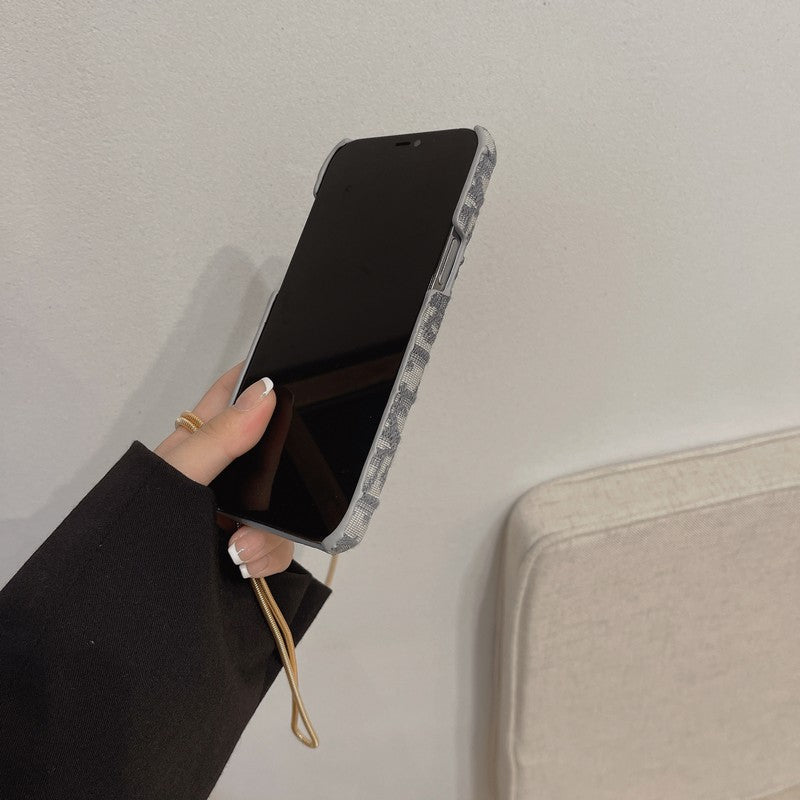 Modische iPhone-Hülle aus schwarzem und grauem Stoff mit Karte zum Umhängen