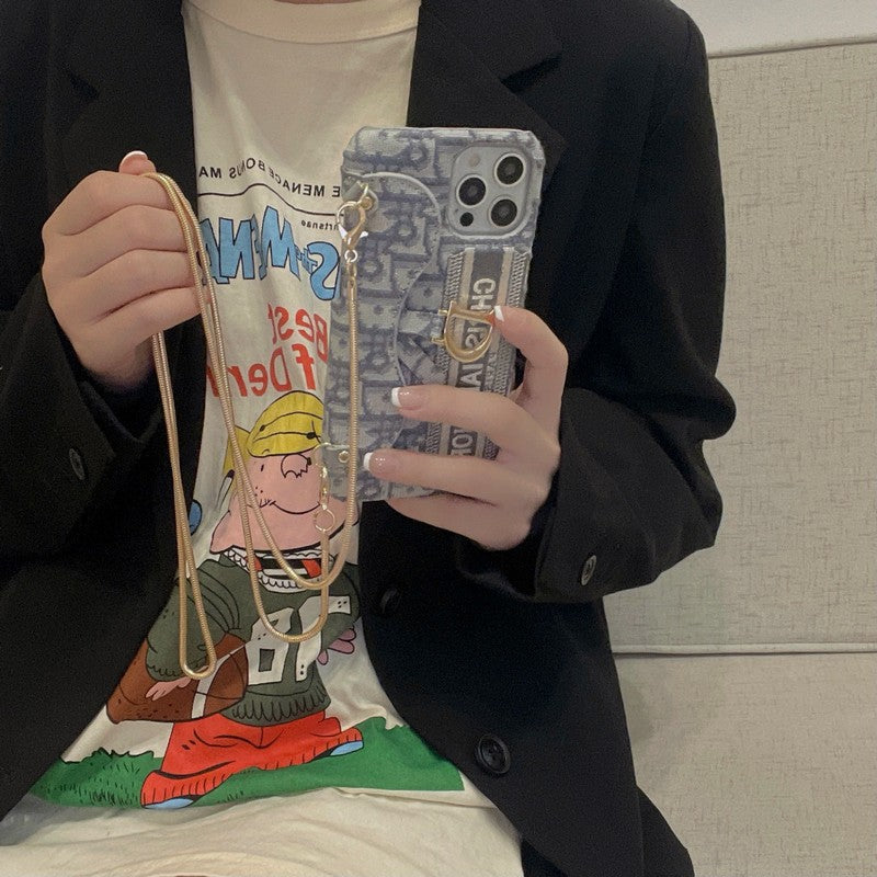 Modische iPhone-Hülle aus schwarzem und grauem Stoff mit Karte zum Umhängen