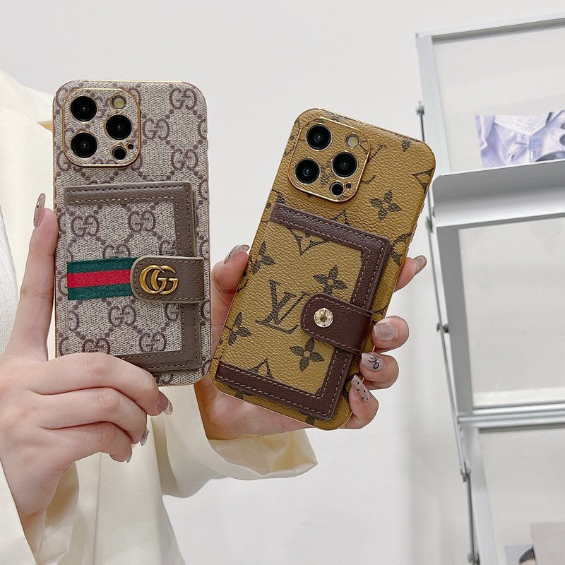 Capa para iPhone com bolsa de cartão de cor clássica luxuosa