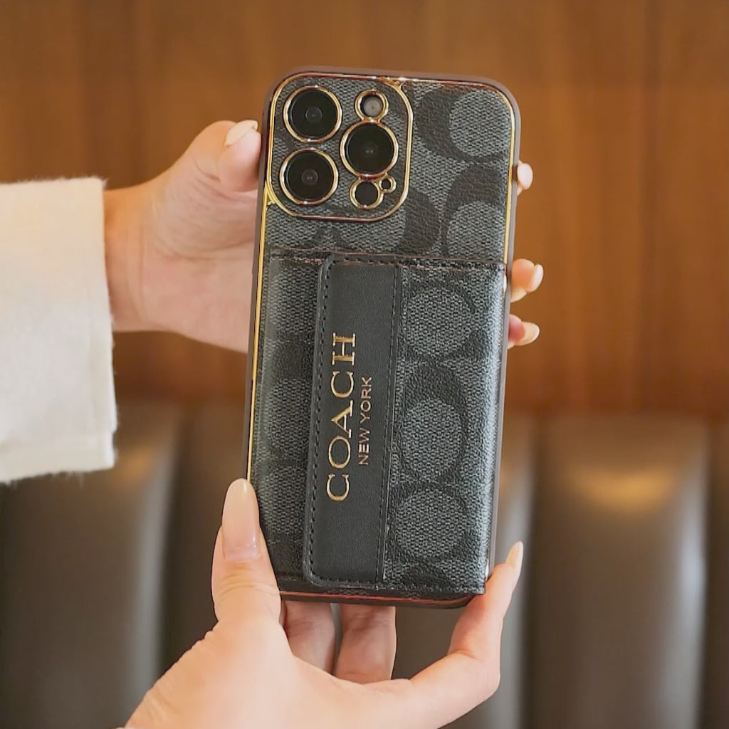 Black monogram phone case card wallet and crossbody strap demonstration